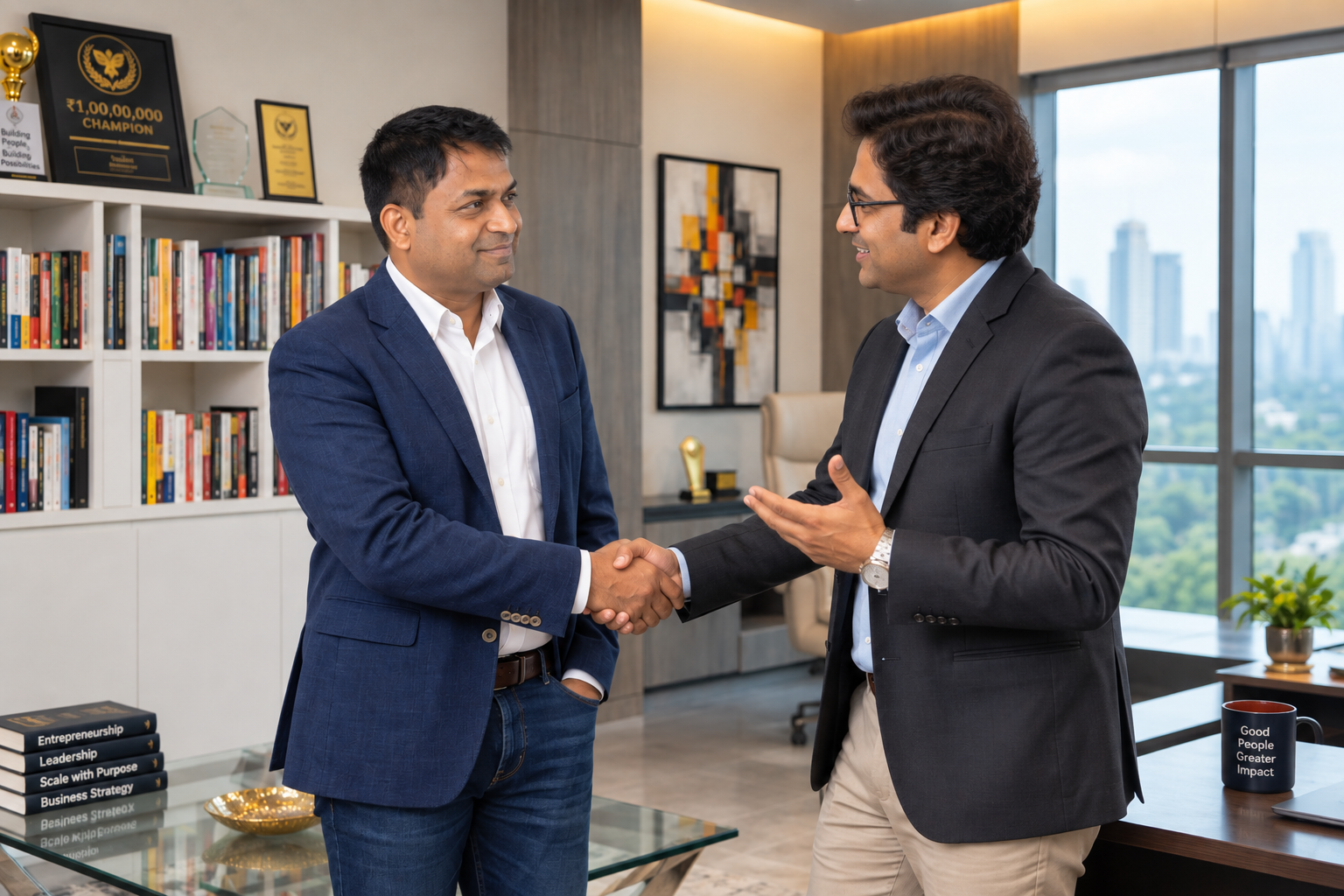 A professional introducing two business leaders to each other in a modern office