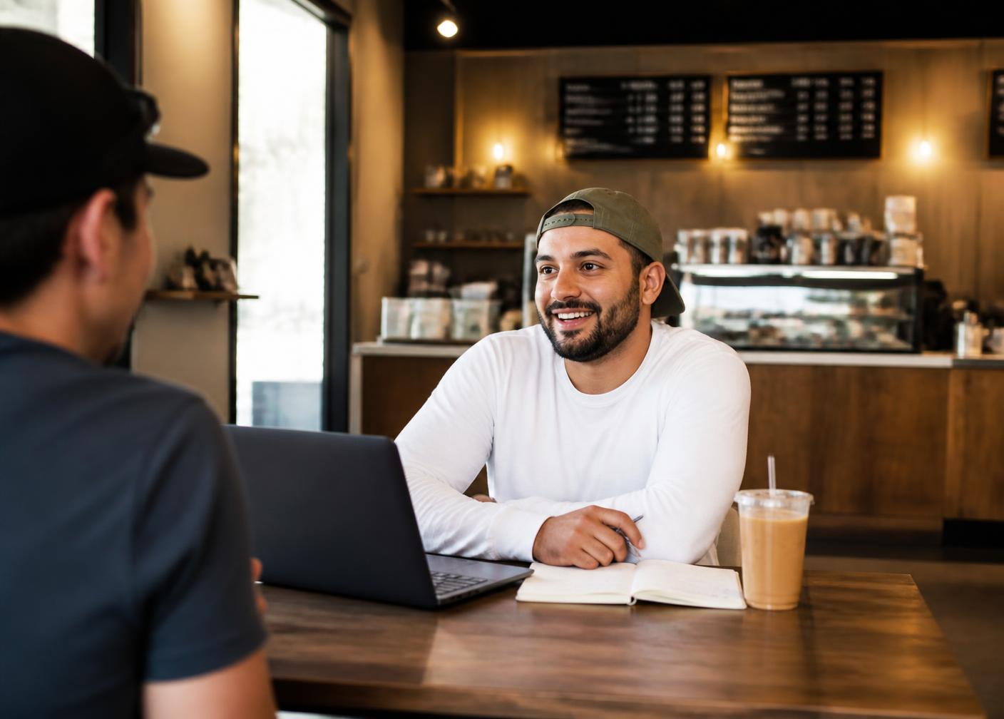 A business owner in conversation with a friend over coffee