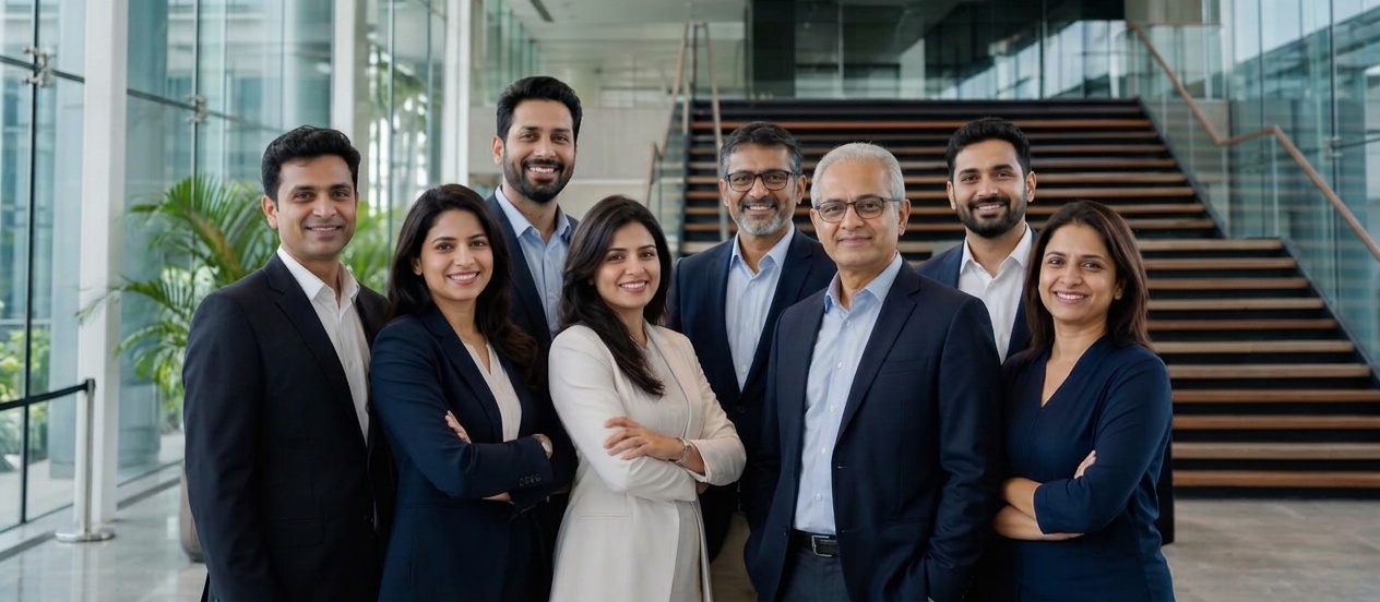 A diverse group of Indian business professionals and entrepreneurs in a modern corporate atrium